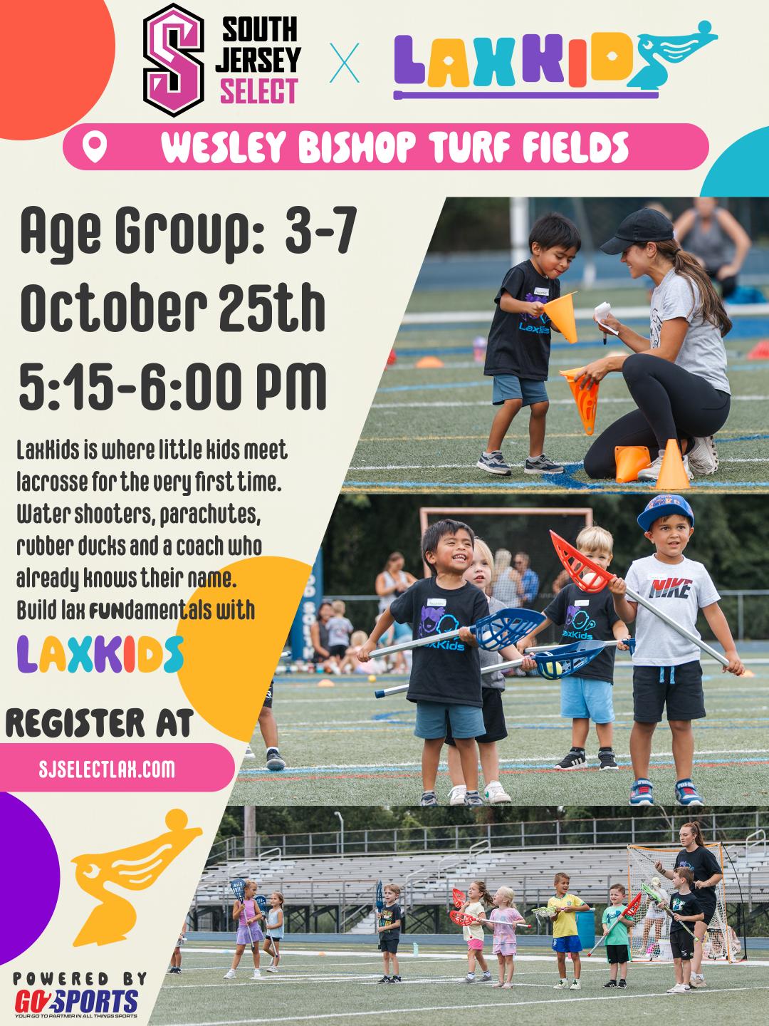 South Jersey Select LaxKids youth lacrosse clinic for 2037 through 2041 players at Wesley Bishop Turf Fields